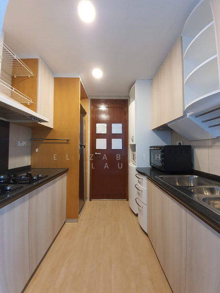 Galley Kitchen with new cabinets and flooring