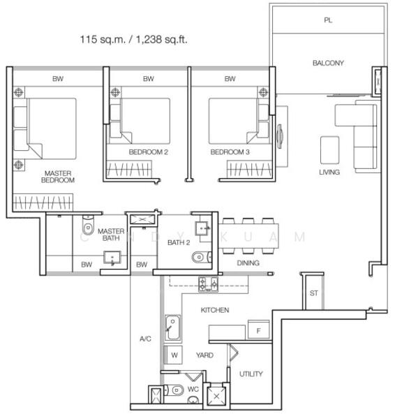 3Bed-1,238 sqft