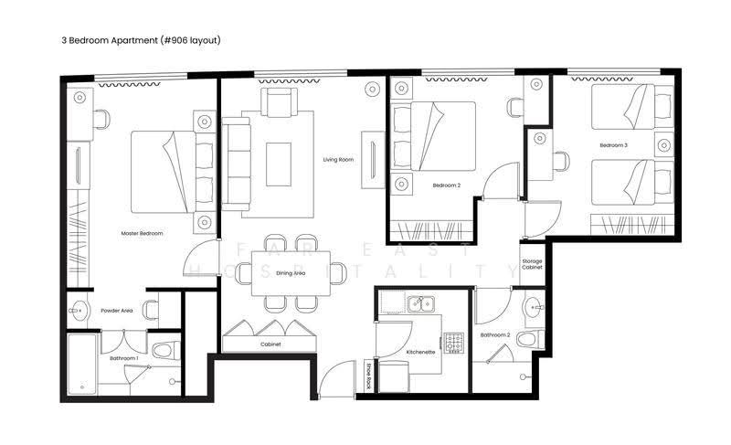 Adina Serviced Apartments Singapore Orchard, 121 Penang Road, Orchard / River Valley, 3 Bedrooms, 1,098 sqft, Apartment For Rent, by Far East Hospitality, 18763396 - 3 Bedroom Apartment Floor Plan - PropertyGuru.com.sg