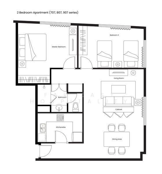 Adina Serviced Apartments Singapore Orchard, 121 Penang Road, Orchard / River Valley, 3 Bedrooms, 1,098 sqft, Apartment For Rent, by Far East Hospitality, 18763396 - 2 Bedroom Apartment Floor Plan - PropertyGuru.com.sg