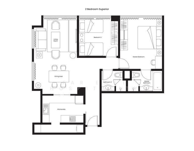 Orchard Scotts Residences, Anthony Road, Orchard / River Valley, 3 Bedrooms, 1,141 sqft, Apartment For Rent, by Far East Hospitality, 18803641 - 2 Bedroom Superior Floor Plan - PropertyGuru.com.sg