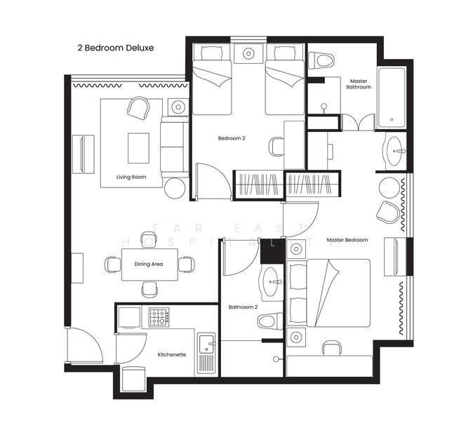 Orchard Parksuites, Orchard Turn, Orchard / River Valley, 2 Bedrooms, 791 sqft, Apartment For Rent, by Far East Hospitality, 18803696 - 2 Bedroom Deluxe Floor Plan - PropertyGuru.com.sg