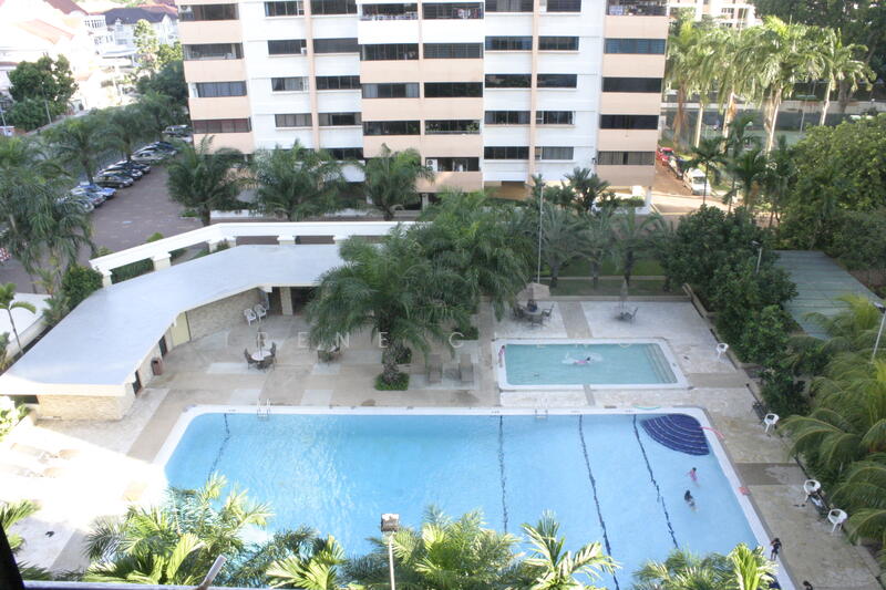 view of pool, morning sun