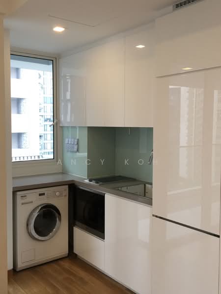 The Peak @ Cairnhill II, 61 Cairnhill Circle, 2 Bedrooms, 829 sqft, Apartment For Rent, by Ancy Koh, 20582668 - Kitchen cabinet with Washer cum dryer, oven, cooker and cooker hood  - PropertyGuru.com.sg