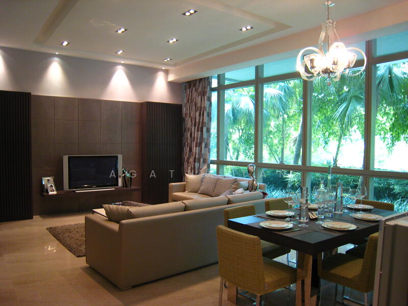 Spacious living room overlooking greenery