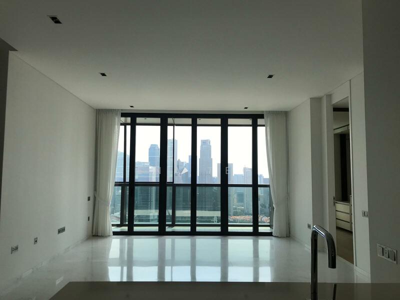 View of living with Singapore Skyline from kitchen.