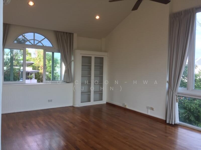Northerly view of spacious master bedroom with high ceiling.