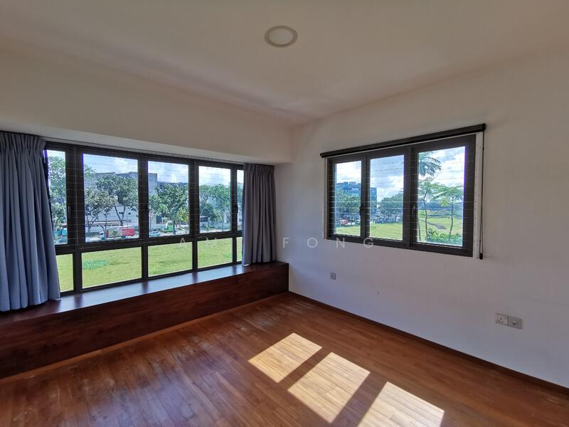 Very spacious and airy master bedroom with L-shaped windows.