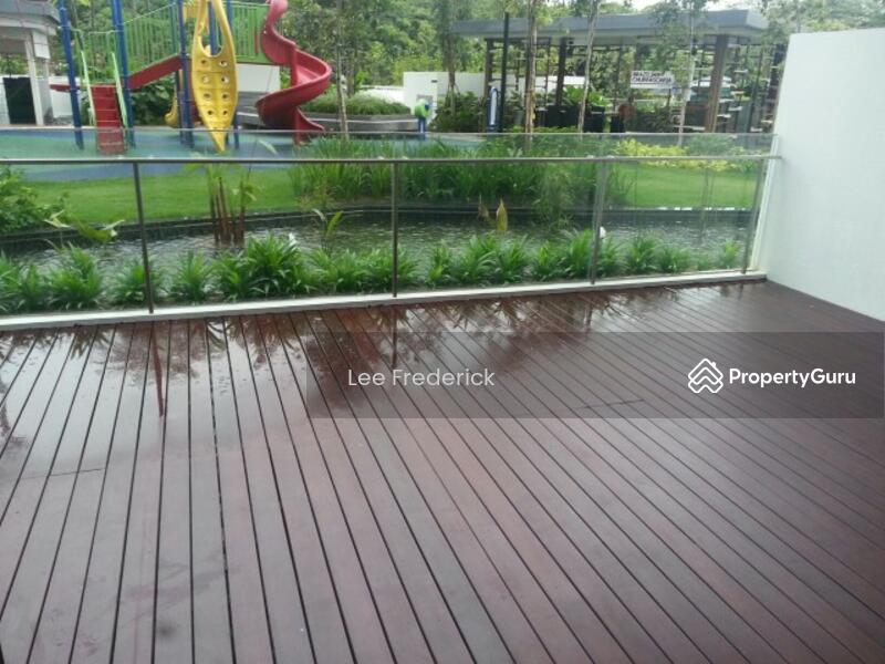 Patio with a pond in front