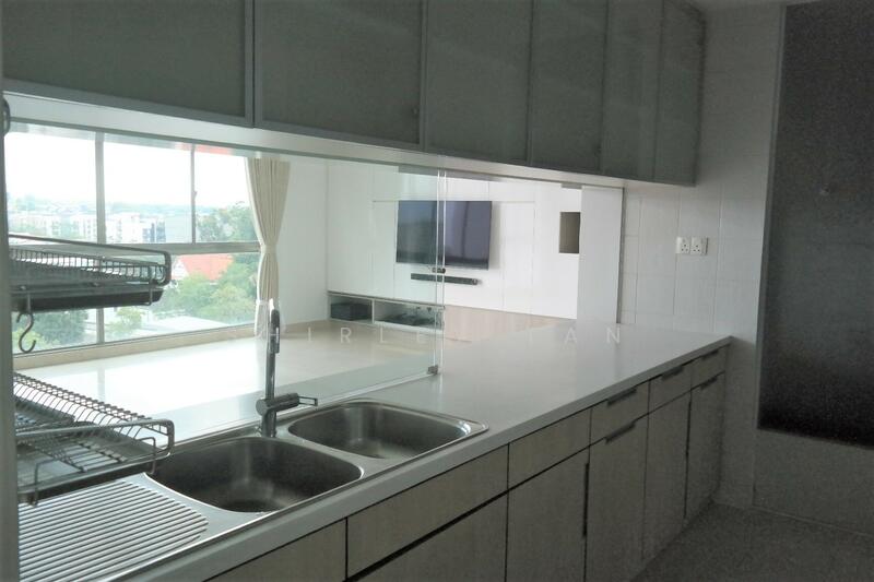 Kitchen with view of living and dining