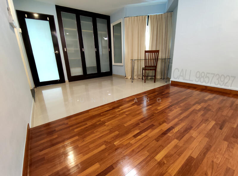 This cozy master has a sizable built-in wardrobe and a raised parquet platform