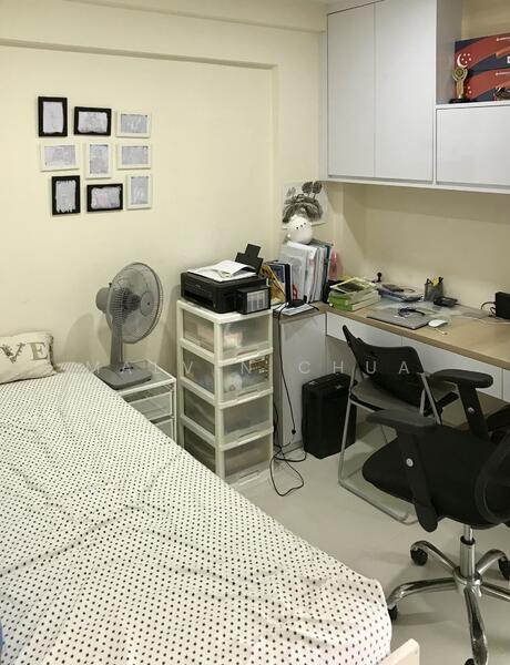 Bedroom 4 on lower level. Comes fully renovated with built in study and cabinets.