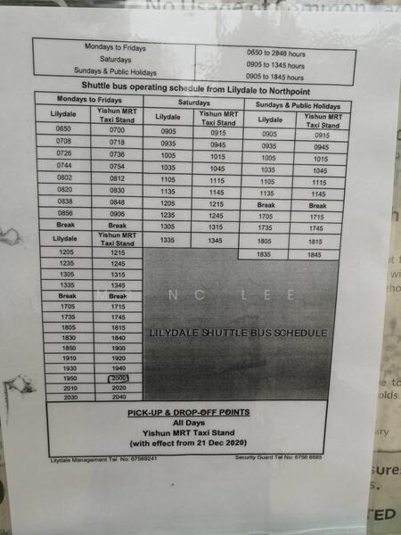 Shuttle bus schedule to Yishun central
