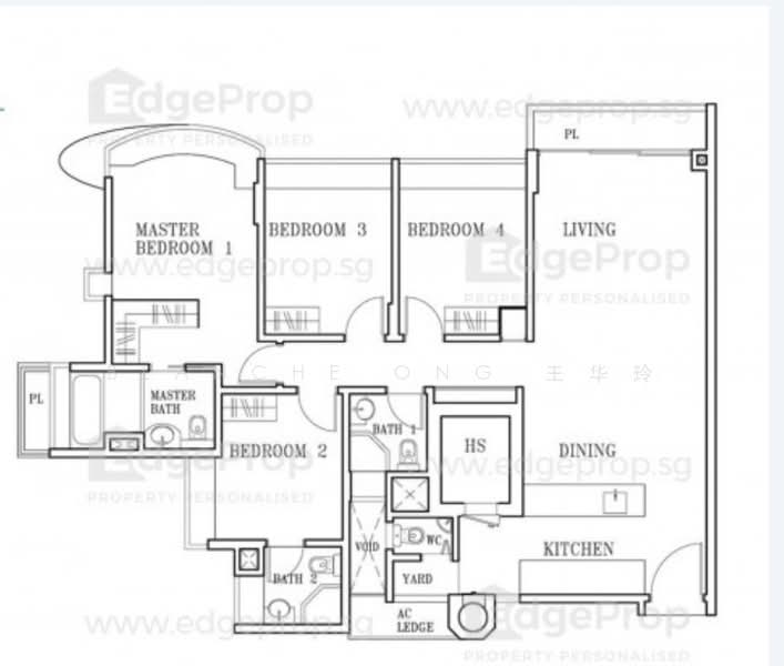 The Cascadia, 921 Bukit Timah Road, 3 Bedrooms, 1,410 sqft, Condominium For Rent, by Blanche Ong Propnex, 23986903 - This is the original floor plan before the knocking down of 4th bedroom - PropertyGuru.com.sg