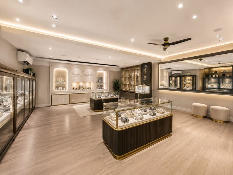 The Adelphi, 1 Coleman Street, 805 sqft, Mall Shop For Sale, by Marie D Lam, 24125506 - AI generated idea of a jewellery and watch showcase shop with actual space photo - CommercialGuru.com.sg