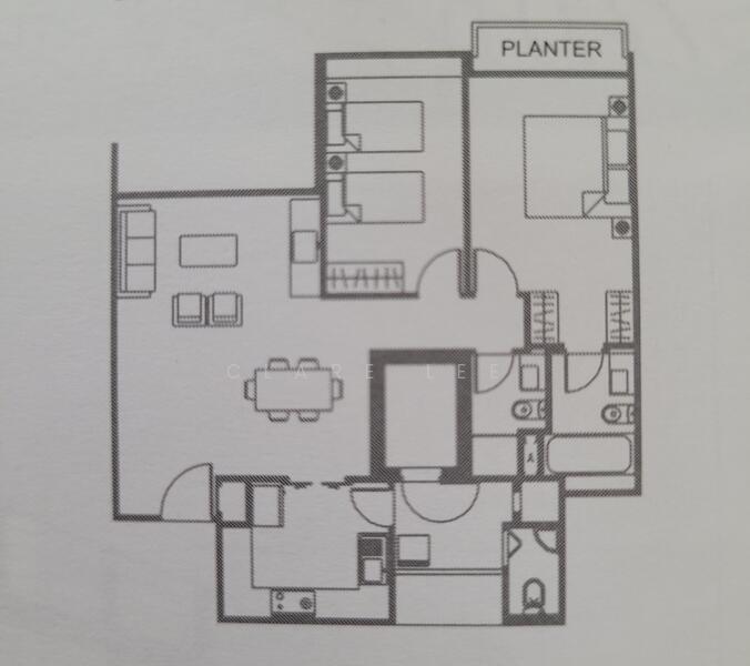 Varsity Park Condominium, 74 West Coast Road, 2 Bedrooms, 1,033 sqft, Condominium For Rent, by Clare Lee, 24333754 - Floorplan w Planter at master - PropertyGuru.com.sg