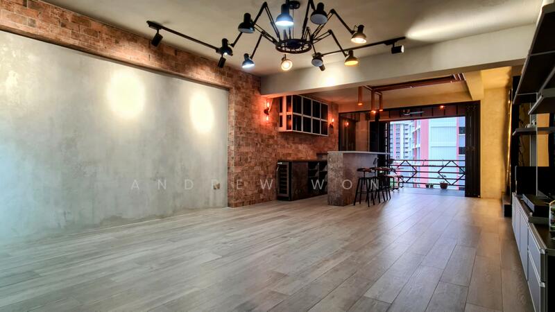 Large, regular-shaped living & dining room with a bar counter