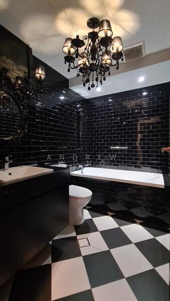 Common bathroom done up with high-quality fittings, done up all in black and with a bathtub