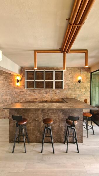 Bar counter comes equipped with a wine fridge