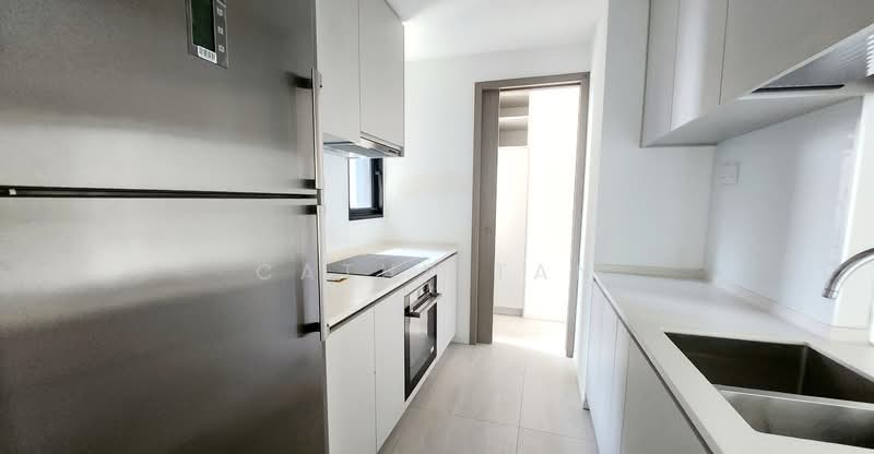The Woodleigh Residences, 17 Bidadari Park Drive, 3 Bedrooms, 958 sqft, Apartment For Rent, by Cathy Tan, 24636817 - Kitchen with brand new appliances and a utility yard with washer and dryer - PropertyGuru.com.sg