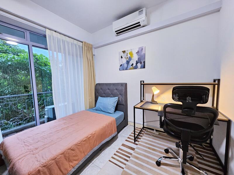 furnished room with balcony and ceiling fan