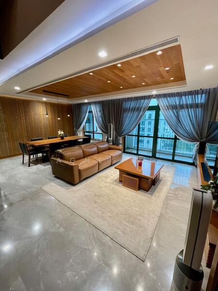 Imported Italian marble flooring & feature wall with concealed storage at dining area