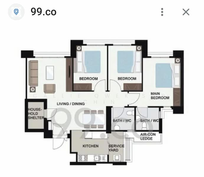 Floor Plan downloaded from 99.co website.Image is approx layout and a mirror image of the unit. 