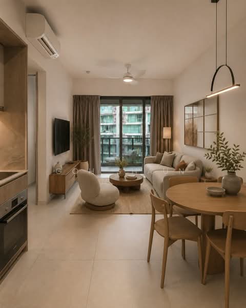 One-North Eden, 8 Slim Barracks Rise, 3 Bedrooms, 797 sqft, Condominium For Sale, by Goh Shaun, 25081669 - Design by AI of Living Room - PropertyGuru.com.sg