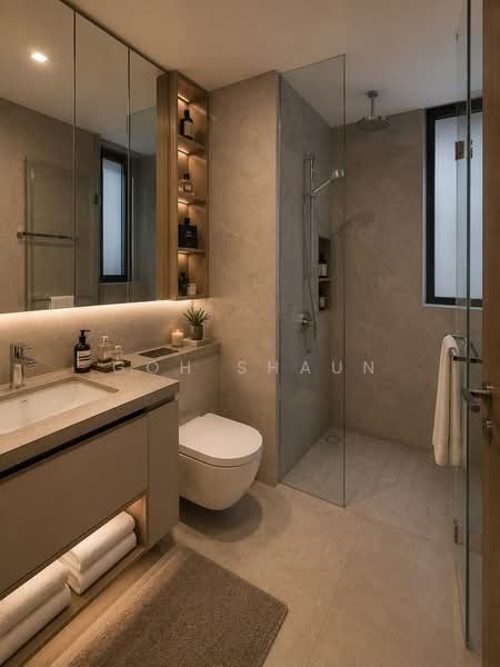 One-North Eden, 8 Slim Barracks Rise, 3 Bedrooms, 797 sqft, Condominium For Sale, by Goh Shaun, 25081669 - Design by AI of Master Bathroom - PropertyGuru.com.sg