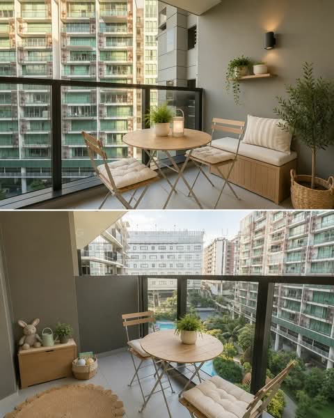 One-North Eden, 8 Slim Barracks Rise, 3 Bedrooms, 797 sqft, Condominium For Sale, by Goh Shaun, 25081669 - Design By AI of Balcony Area - PropertyGuru.com.sg