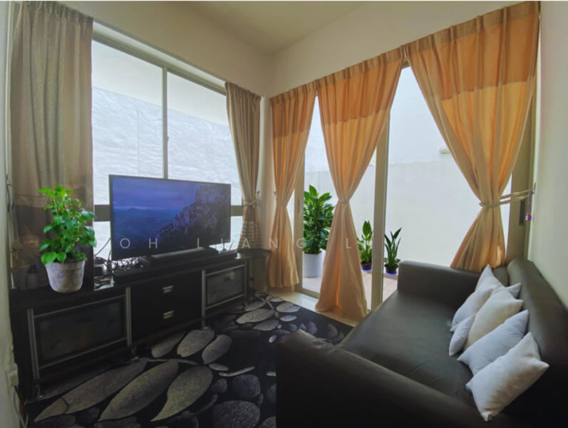 This unit’s living room has an open feel with a balcony. You may do planting or have a BBQ!