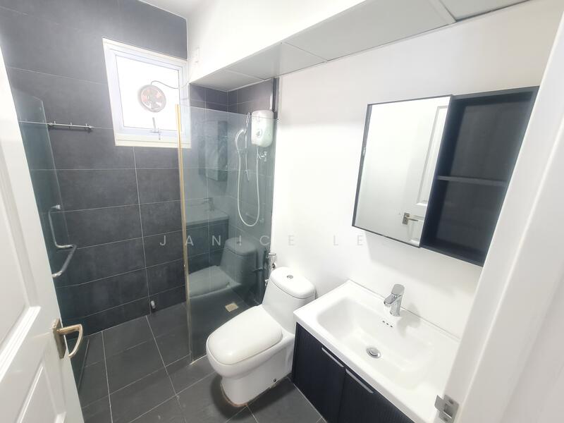 Master bedroom bathroom with newly installed vanity top and mirror cabinet