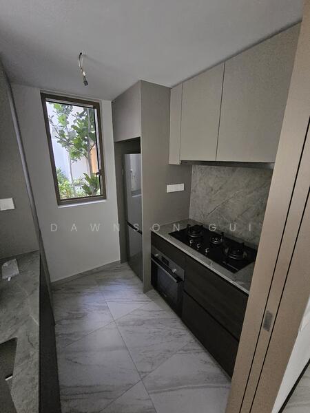 Enclosed kitchen with window and 3 head gas stove