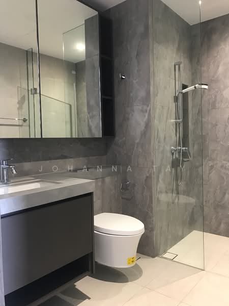 Parc Clematis, 8E Jalan Lempeng, 1 Bedroom, 452 sqft, Condominium For Rent, by Johanna Tay, 25284048 - Bathroom with standing shower and plenty of storage behind the mirrors - PropertyGuru.com.sg