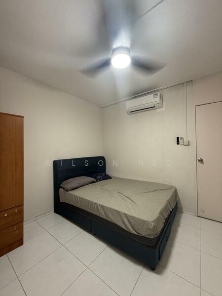 Newly installed aircon. Queen size bed frame with mattress. Ceiling fan. Wardrobe.