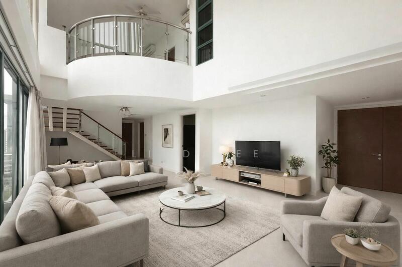 Double volume ceiling living room - Digitally furnished for visualization of space. 