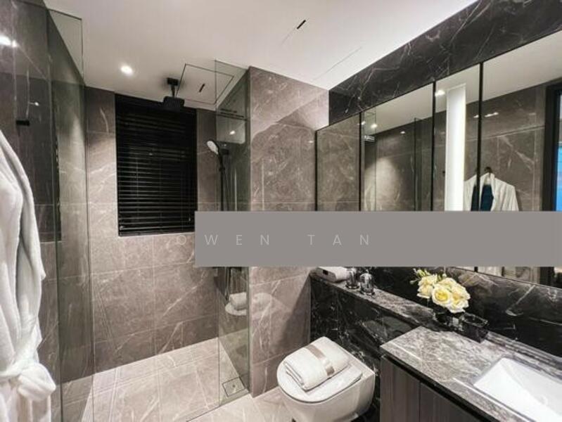 The fittings from Hansgrohe and Villeroy & Boch, and include a rain shower & wall hung w c