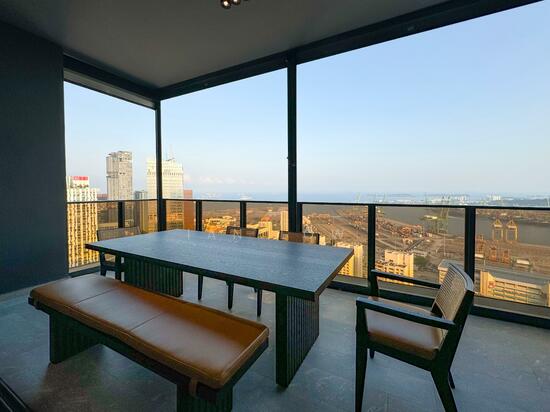 View of LA Luxury Penthouse Apartments w Floor-to-Ceiling Windows