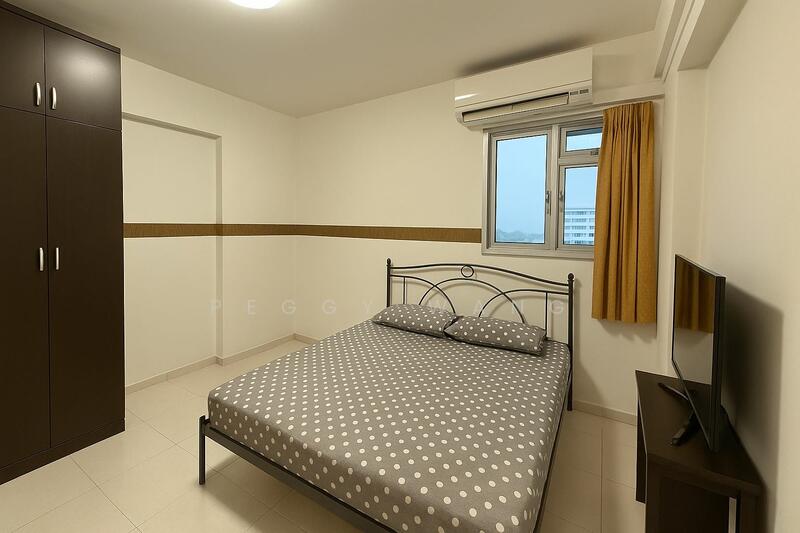 Master bedroom with ensuite bathroom. Digitally decluttered photo.