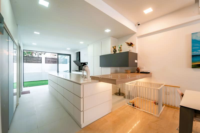 Renovated Inter Terrace With Home Lift At Guan Soon Terrace Estate Terraced House For Sale at S$ 5,180,000 | PropertyGuru Singapore - Island And Kitchen