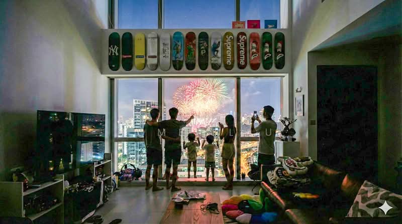 Strata Apartment For Sale at S$ 2,499,000 | PropertyGuru Singapore - AI simulation of New Year fireworks.