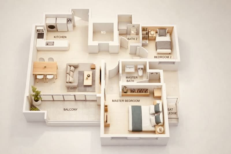 Hedges Park Condominium, 89 Flora Drive, 2 Bedrooms, 797 sqft, Condominium For Sale, by Eric Leong M.Y., 500068237 - 3D layout - PropertyGuru.com.sg