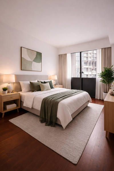 Lentor Modern, 3 Lentor Central, 1 Bedroom, 527 sqft, Condominium For Rent, by Gina K, 500087780 - Ai rendering of Master BR with furniture - PropertyGuru.com.sg