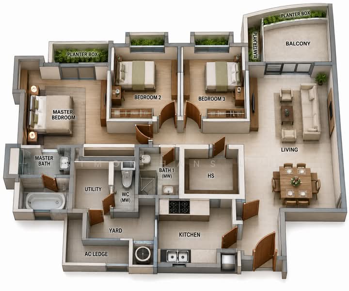 Papillon, 8 Jalan Rama Rama, Balestier / Toa Payoh, 3 Bedrooms, 1,227 sqft, Apartment For Sale, by Simon Hans Lee, 500101778 - 3D Floor Plan - PropertyGuru.com.sg