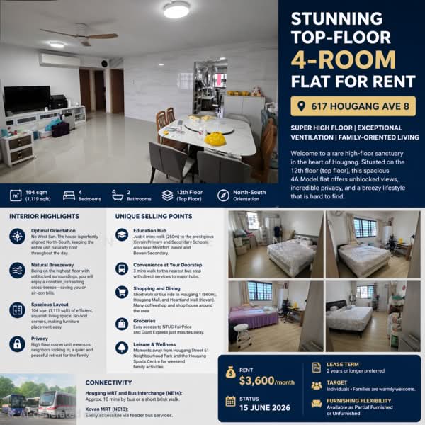 617 Hougang Avenue 8, 617 Hougang Avenue 8, 3 Bedrooms, 1,119 sqft, HDB Flat For Rent, by Nickei Ng, 500149111 - Living Room - PropertyGuru.com.sg