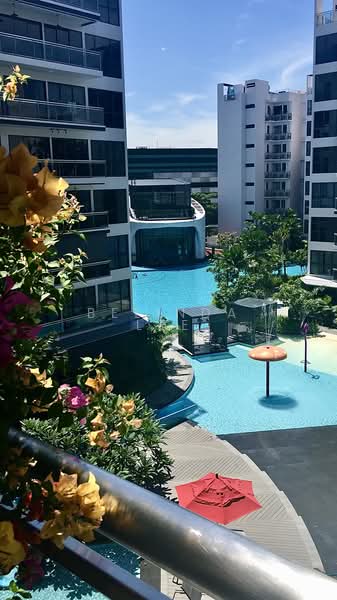 Parc Olympia, 60 Flora Drive, 4 Bedrooms, 1,485 sqft, Condominium For Sale, by Belinda Lee, 500160825 - Pool view from living room balcony - PropertyGuru.com.sg