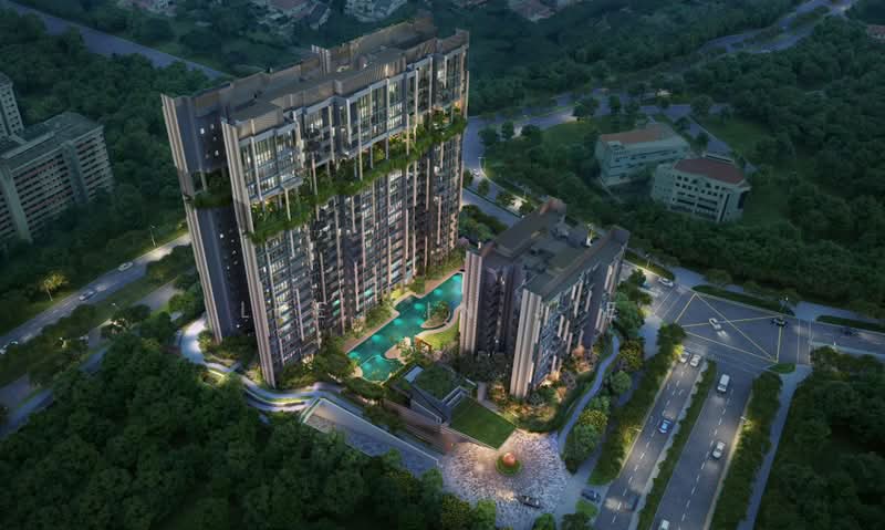 Rare loft 2B2B penthouse 4 min walk to Lentor MRT and within 1km to CHIJ St Nicholas, , 2 Bedrooms, 732 sqft, Condominium For Sale, by Lee Yin Jie, 500169116 - facade at night - PropertyGuru.com.sg