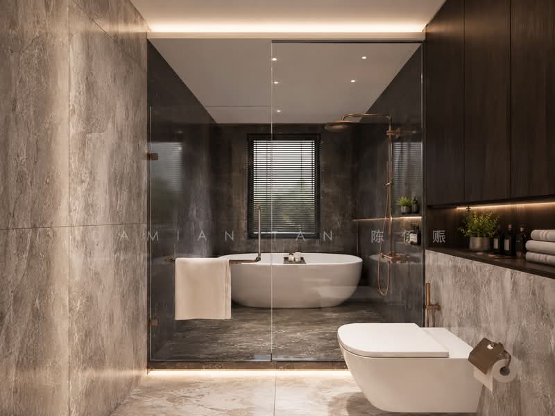 ⭐️RARE ELEVATED BRAND NEW 3.5-STY HSE @ WATTEN ESTATE | WITHIN 1 KM OF RGPS | NEAR PARK & AMENITIES, Watten Estate Road Hillcrest Shelford Greenwood Greenmead Greenpark Oriole Sunset Cassia Ash Linden Pine Vanda Eng Neo Camden Chee Hoon Dunearn Ross Leyden Asuhan University Kheam Hock Unggas Bahasa Tempua Trevose Dalkeith Berrima Camborne Harlyn Fir, 6 Bedrooms, 9,614 sqft, Detached House For Sale, by Damian Tan 陈係赈, 500175982 - Master Bath - PropertyGuru.com.sg