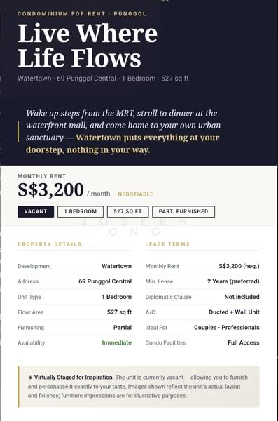 Watertown, 69 Punggol Central, 1 Bedroom, 527 sqft, Condominium For Rent, by Joseph Ong, 500176554 - PropertyGuru.com.sg
