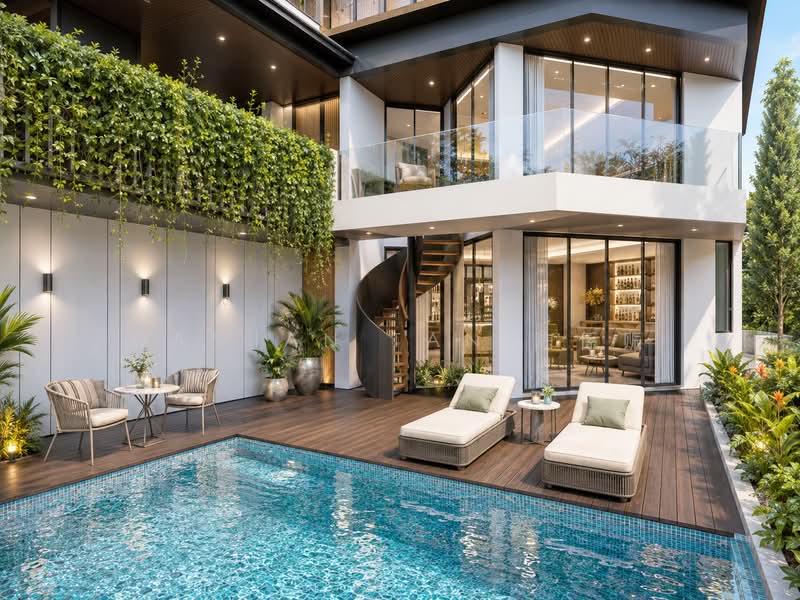⭐️NEAR BOTANIC GARDENS MRT, PARK & BERRIMA RD VICINITY⭐️MODERN BRAND NEW 2.5-STY + BASEMENT HOUSE⭐️, Kheam Hock Road Trevose Tempua University Bahasa Unggas Seni Tudor Camborne Ilmu Adat Sejarah Shelford Watten Hillcrest Berrima Narooma Dalkeith Harlyn Merryn Harom Setangkai Princess Wales Prince Coronation King's Queen's Duke's Duchess Prince Lily, 6 Bedrooms, 11,004 sqft, Detached House For Sale, by Damian Tan 陈係赈, 500180827 - Pool View - PropertyGuru.com.sg